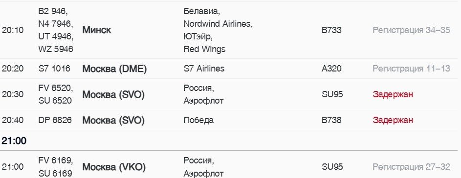 Скриншот онлайн-табло Пулково