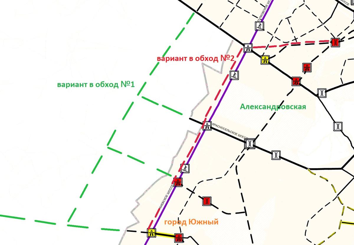 Схематичное изображение двух основных возможных вариантов магистрали в обход Александровской. Графика: инициативная группа жителей Александровской