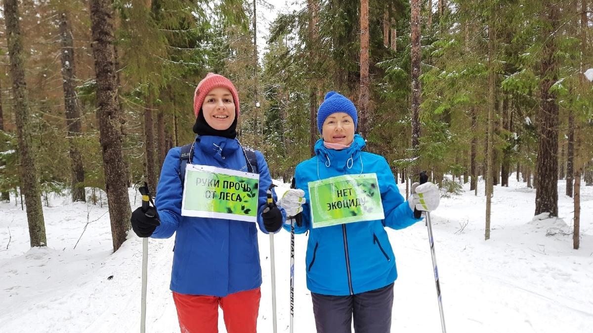 Активисты во время зимнего пробега в защиту зеленогорского леса. Фото: « Сохраним лес Зеленогорска и заказник Щучье озеро »