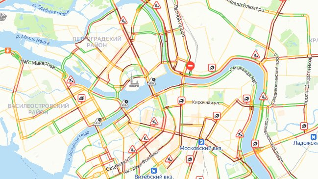 Как Петербург «покраснел» из-за непогоды: пробки в городе выросли до восьми баллов