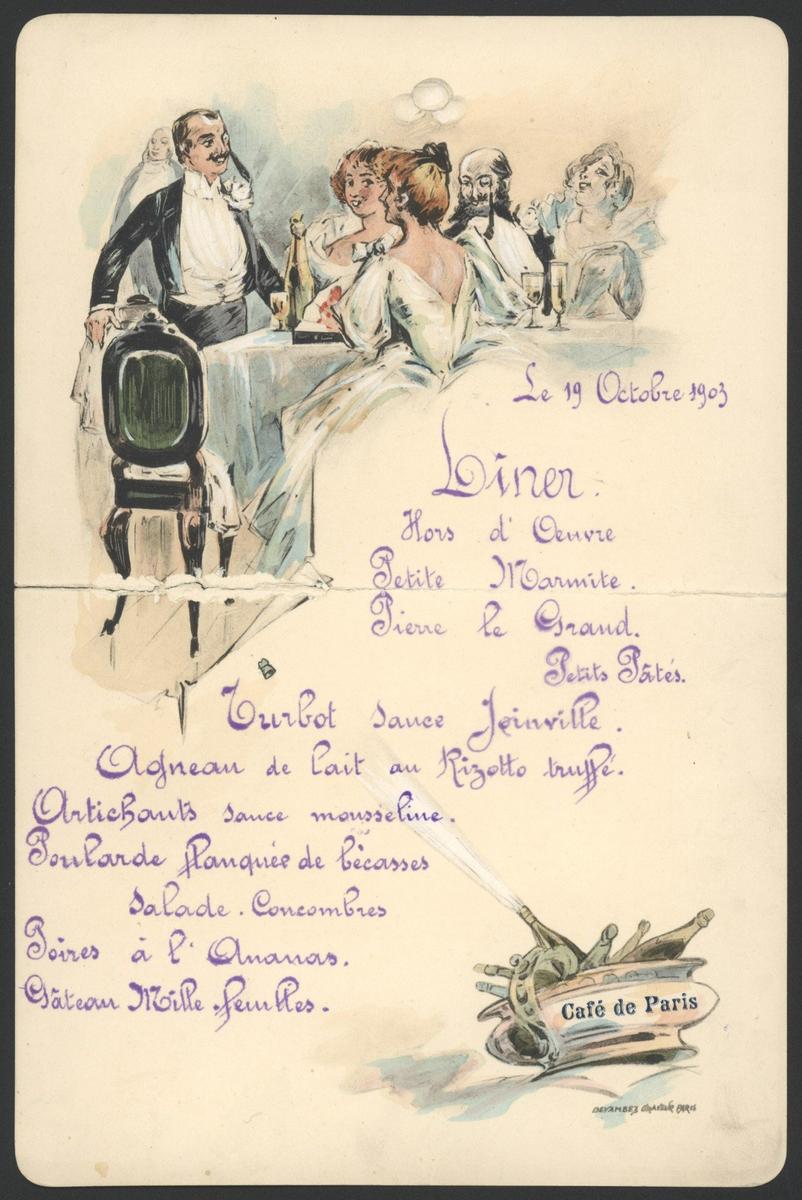 Меню обеда в Café de Paris. 1903. Фотография из архива Государственного музея истории Петербурга