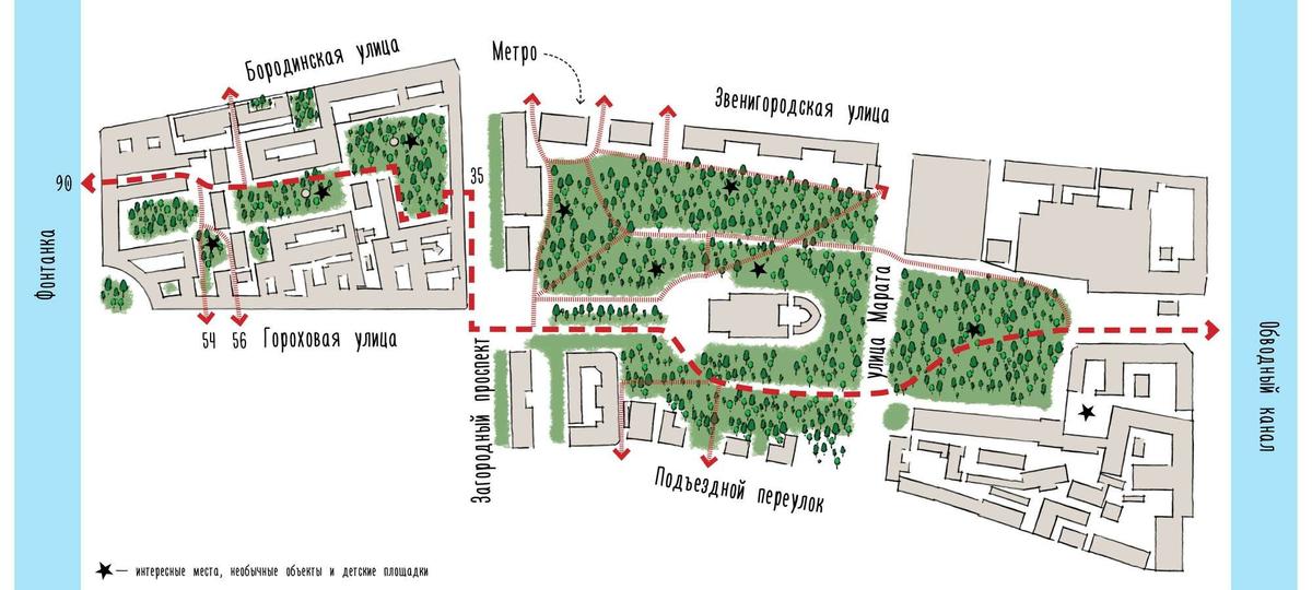Маршрут по скверам от Обводого канала до Фонтанки. Рисунок: сайт архитектора Кати Новиковой.