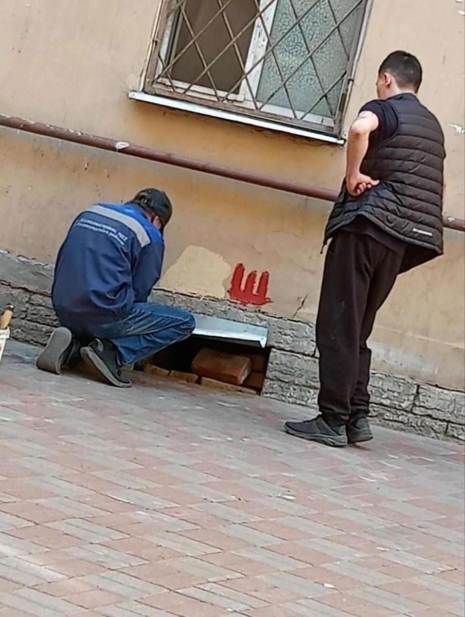Сотрудники коммунальных служб закрывают подвалы. Фото:  Telegram-канал «SOS Снос СПб»
