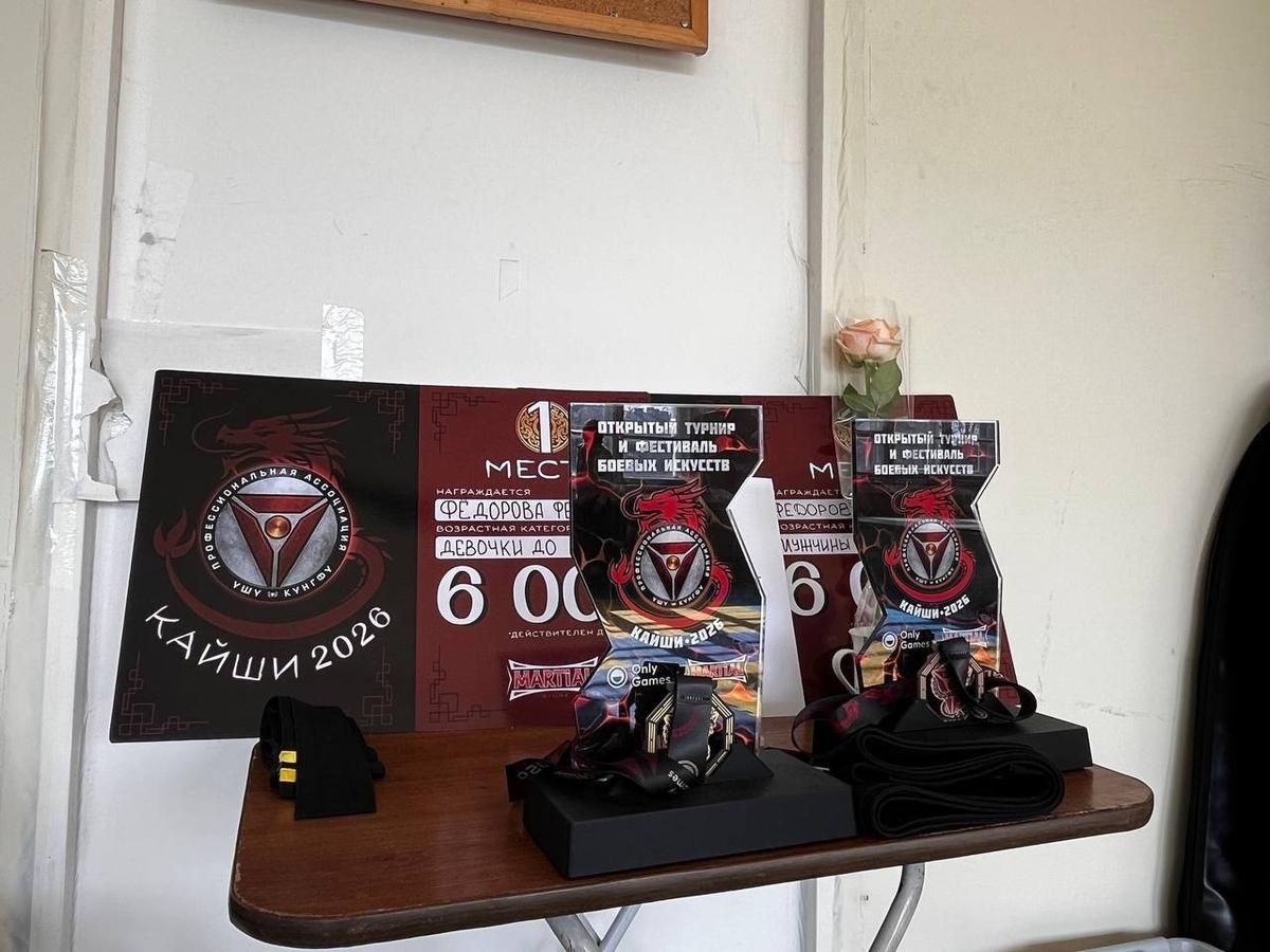Импровизированный уголок для наград «Уцзимэня» в помещении ДК Газа. Фото: Любовь Смирнова / МР7