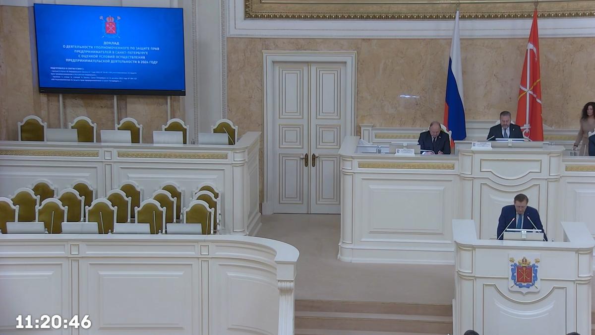 Ларьки, трудоустройство ветеранов СВО и рабочие мигранты: бизнес-омбудсмен Петербурга выступил перед депутатами ЗакСа