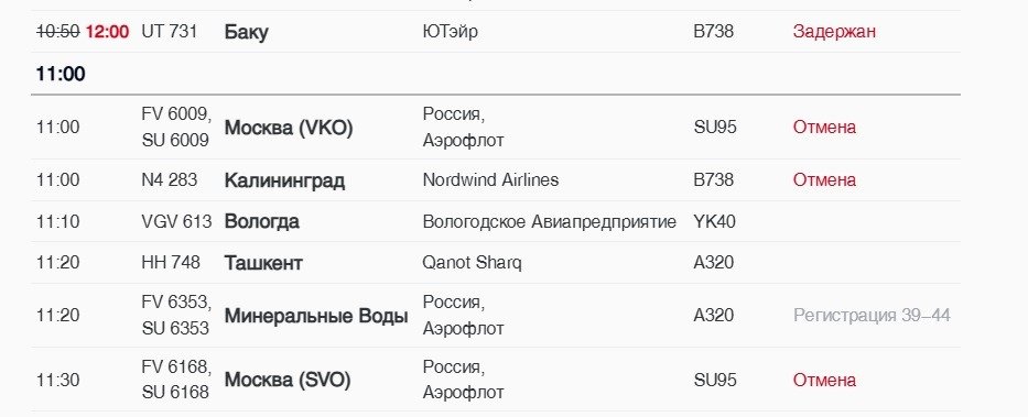Скриншот: онлайн-табло аэропорта Пулково
