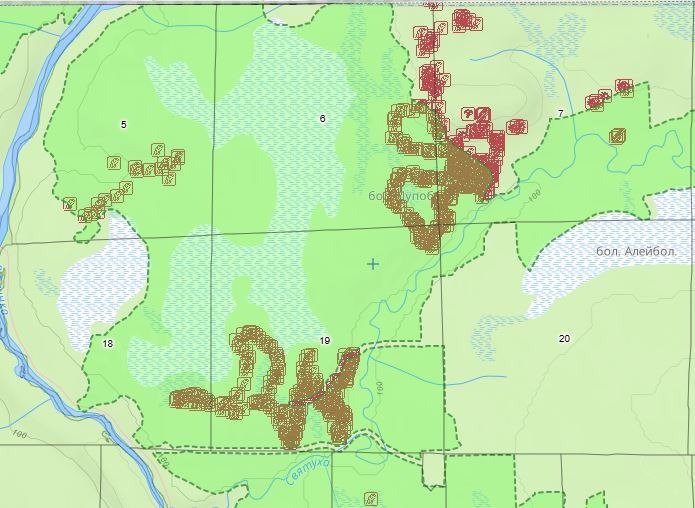 Скрин с сайта ЛВПЦ . Места концентрации охраняемых растений выделены красным и коричневым цветом.