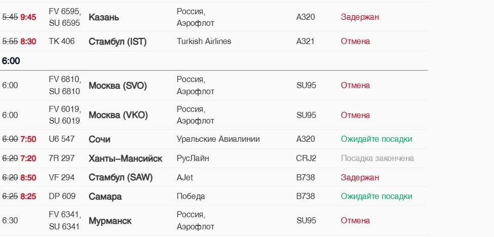 Скриншот: онлайн-табло аэропорта Пулково