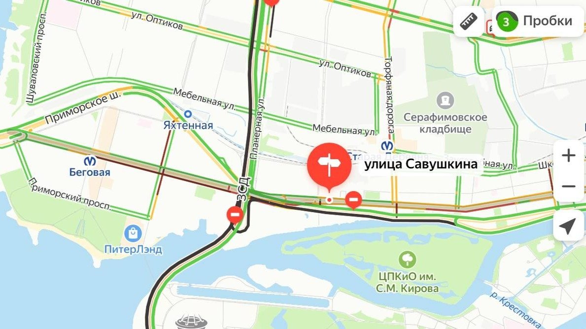 На улице Савушкина образовалась длинная пробка из-за закрытия ЗСД и Приморского проспекта