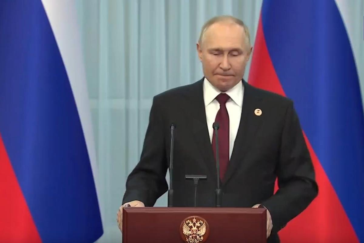 Владимир Путин на пресс-конференции в Бишкеке. Скриншот: <a href="https://t.me/tass_agency/171086">видеозапись ТАСС