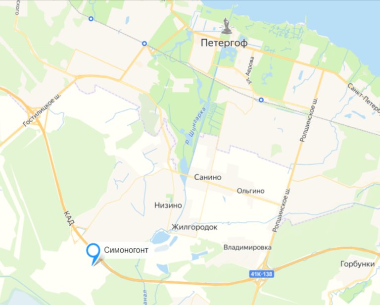 От Симоногонта до фонтанов Петергофа около восьми километров по прямой. Скрин «Яндекс.Карт»