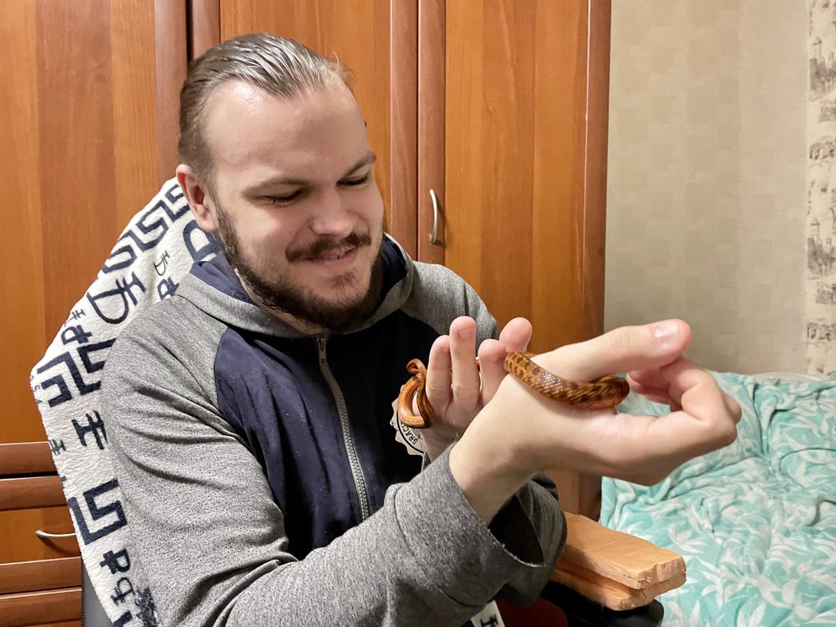 Артём вместе с одним из своих питомцев — дома у Успенских живут ещё кролик и попугай, а недавно они завели и ферму с муравьями. Фото: Дарья Дмитриева / MR7