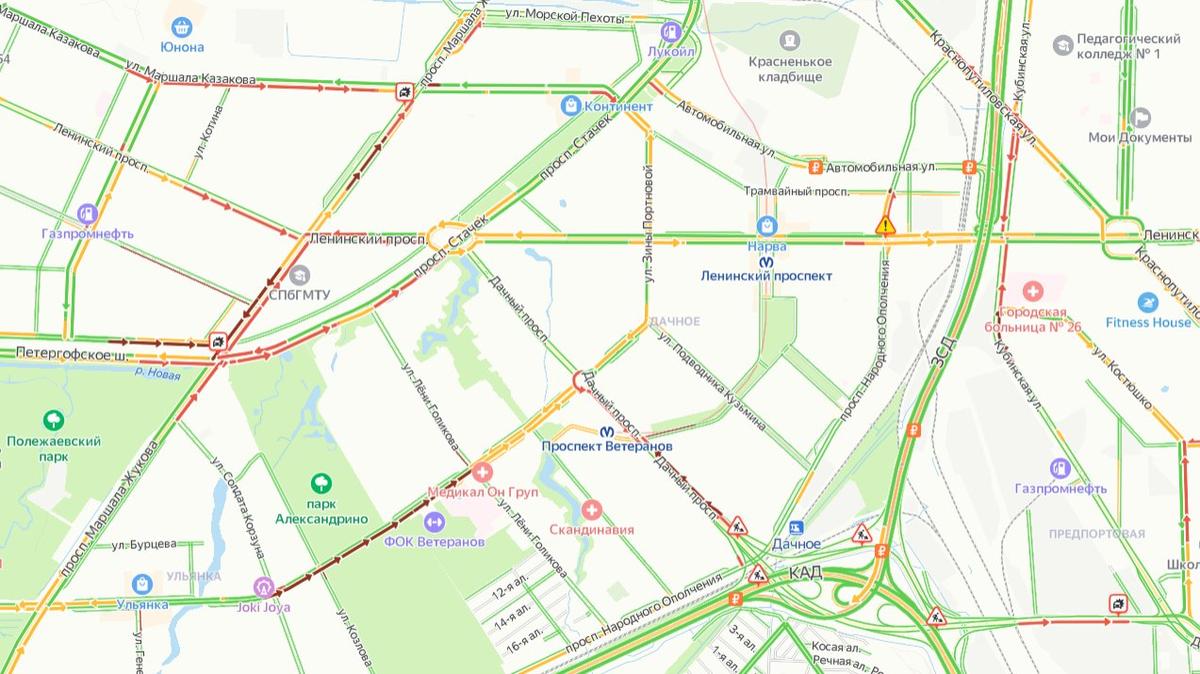 Пробки в Красносельском районе Петербурга. Скриншот: Яндекс.Карты