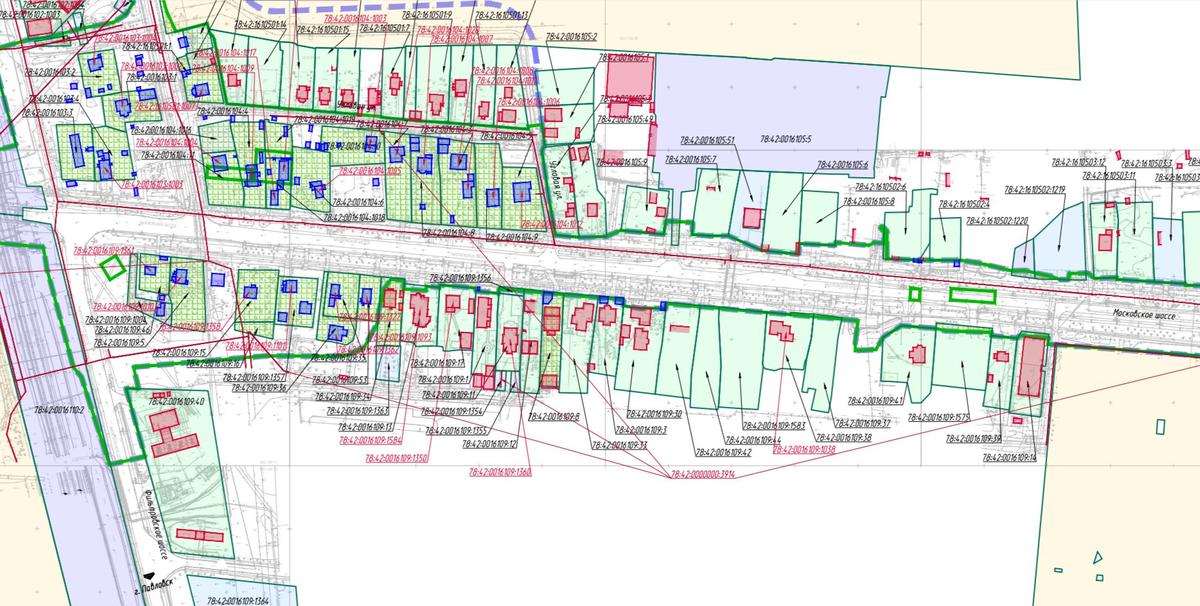 Синим обозначены постройки, которые планируется снести. Скриншот документов по ППТ с сайта КГА