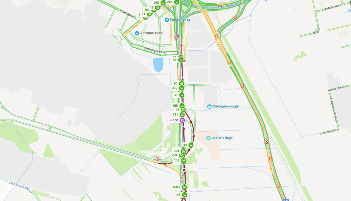 Ситуация с общественным транспортом на Пулковском шоссе. Иллюстрация: «Яндекс.Карты»